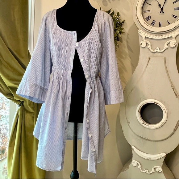 Pure Energy Blue & White Striped Tunic – Cottagecore Peasant Blouse Size 2 - Picture 7 of 9